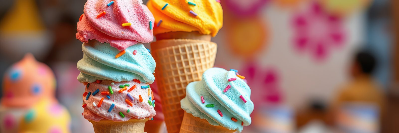 Colorful ice cream cones stacked together in a vibrant dessert shop filled with cheerful decorations